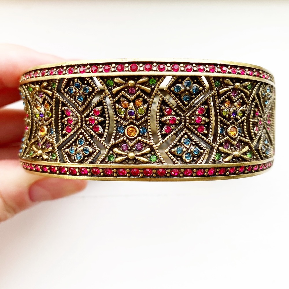 Ornate brassy & colorful crystal bangle bracelet
